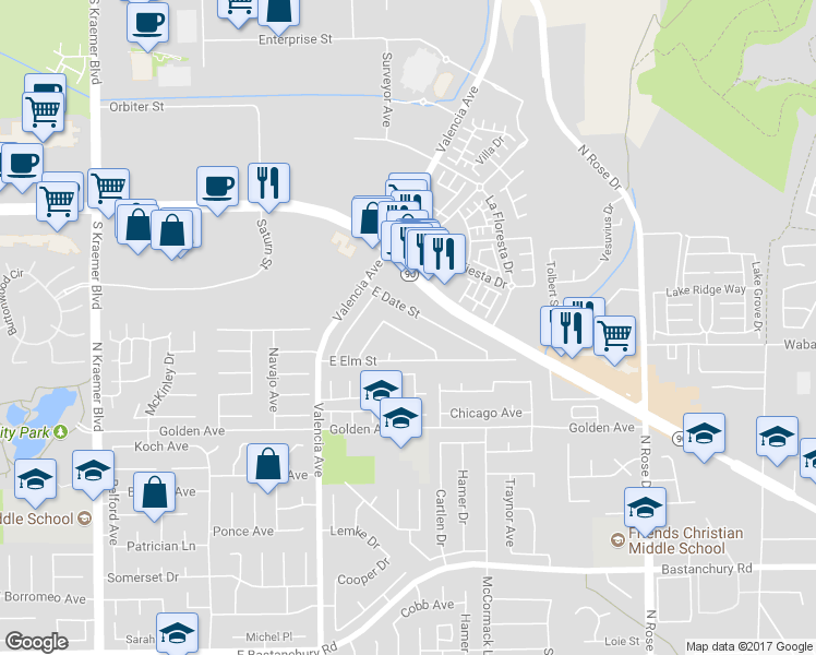 map of restaurants, bars, coffee shops, grocery stores, and more near 3349 Greenleaf Drive in Brea