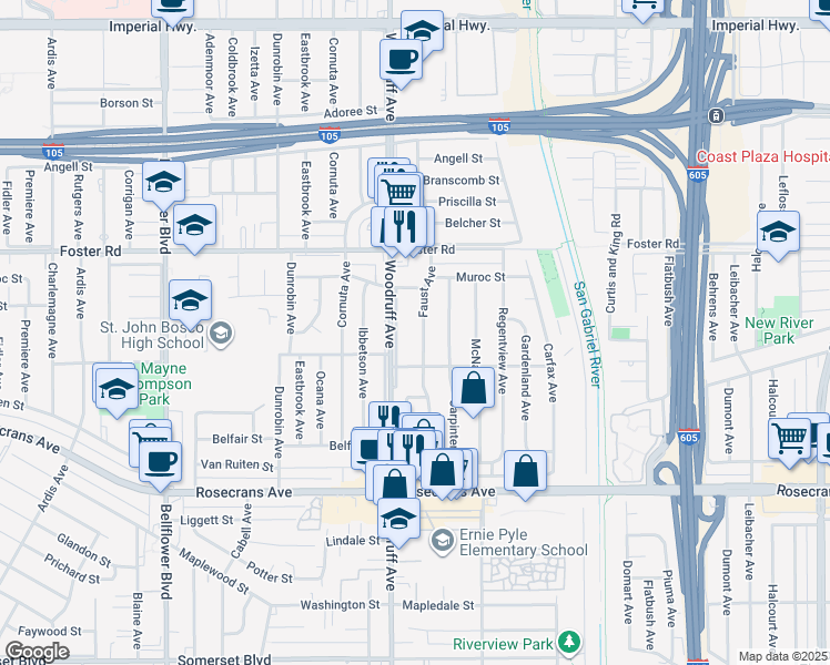 map of restaurants, bars, coffee shops, grocery stores, and more near 13632 Woodruff Avenue in Bellflower
