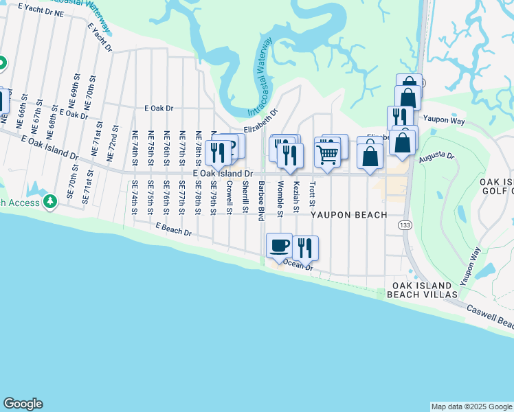 map of restaurants, bars, coffee shops, grocery stores, and more near 303 Barbee Boulevard in Oak Island