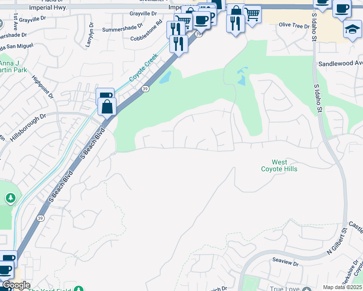 map of restaurants, bars, coffee shops, grocery stores, and more near 2121 South Littler Court in La Habra