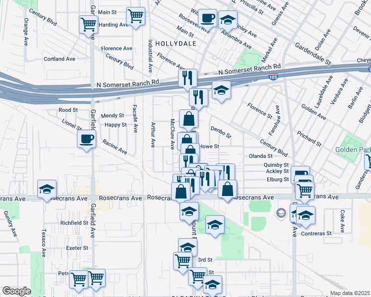 map of restaurants, bars, coffee shops, grocery stores, and more near 7950 Howe Street in Paramount