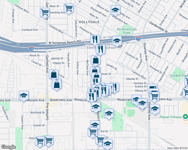 map of restaurants, bars, coffee shops, grocery stores, and more near 7950 Howe Street in Paramount