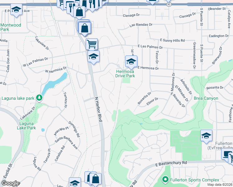 map of restaurants, bars, coffee shops, grocery stores, and more near 3120 Las Faldas Drive in Fullerton