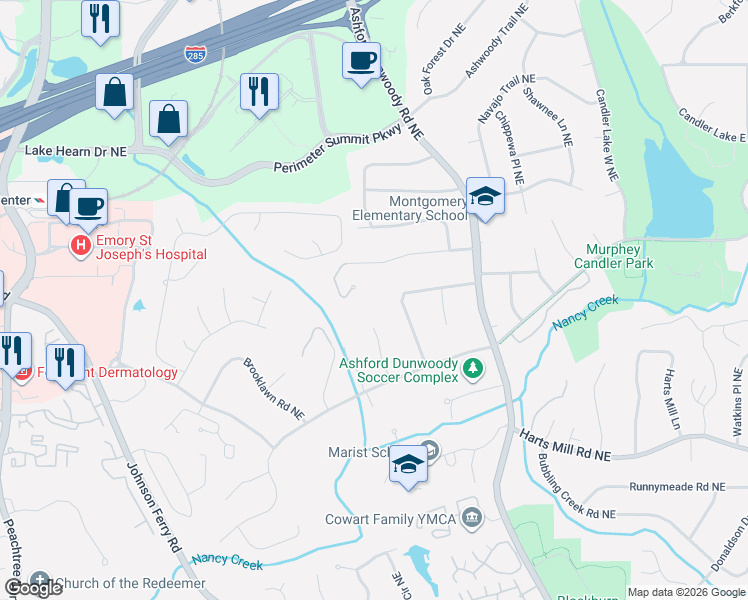 map of restaurants, bars, coffee shops, grocery stores, and more near 3889 Chaucer Wood Northeast in Atlanta