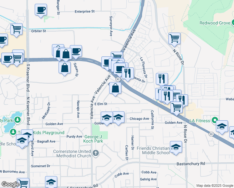map of restaurants, bars, coffee shops, grocery stores, and more near 3349 Greenleaf Drive in Brea