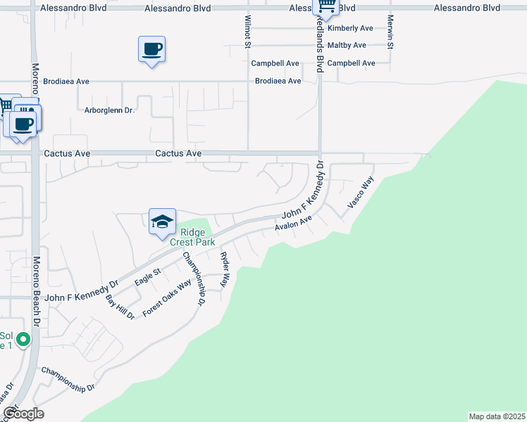 map of restaurants, bars, coffee shops, grocery stores, and more near 14716 Grandview Drive in Moreno Valley