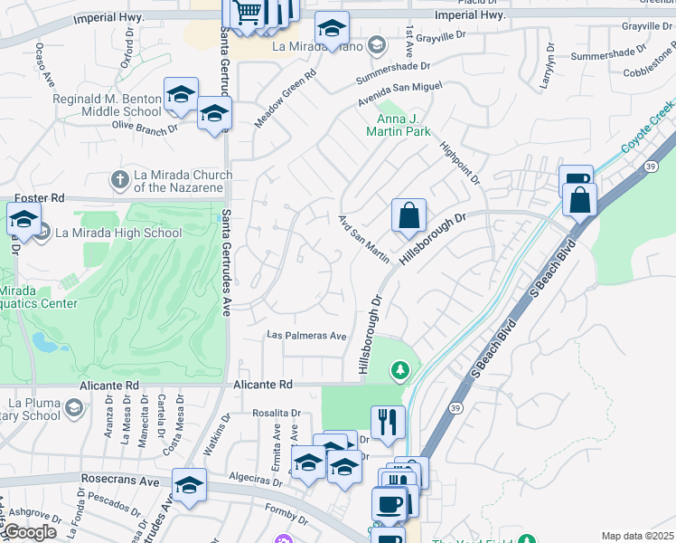 map of restaurants, bars, coffee shops, grocery stores, and more near 15936 Alta Vista Drive in La Mirada