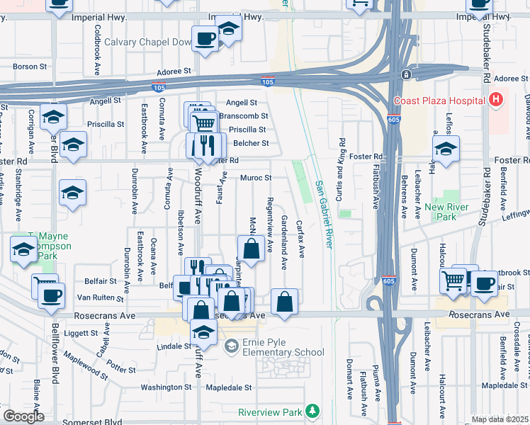 map of restaurants, bars, coffee shops, grocery stores, and more near 13702 McNab Avenue in Bellflower