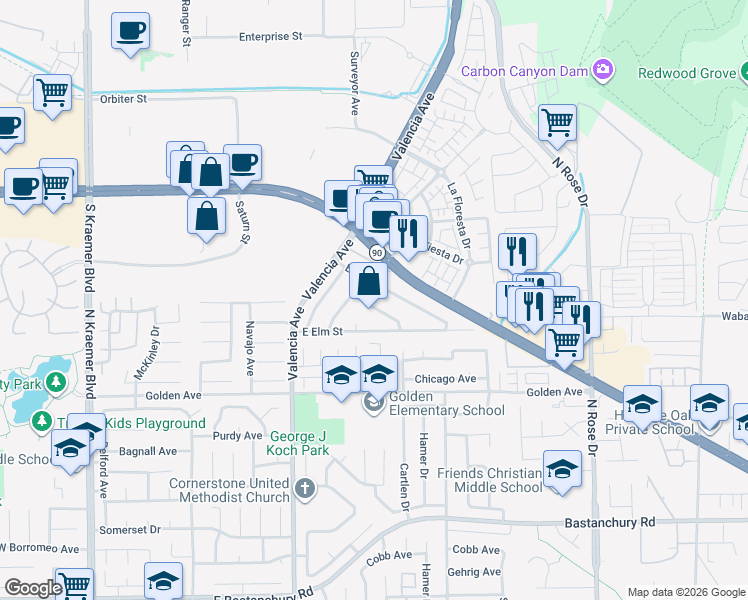 map of restaurants, bars, coffee shops, grocery stores, and more near 3349 Greenleaf Drive in Brea