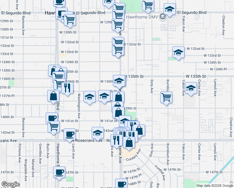 map of restaurants, bars, coffee shops, grocery stores, and more near 4016 West 137th Street in Hawthorne