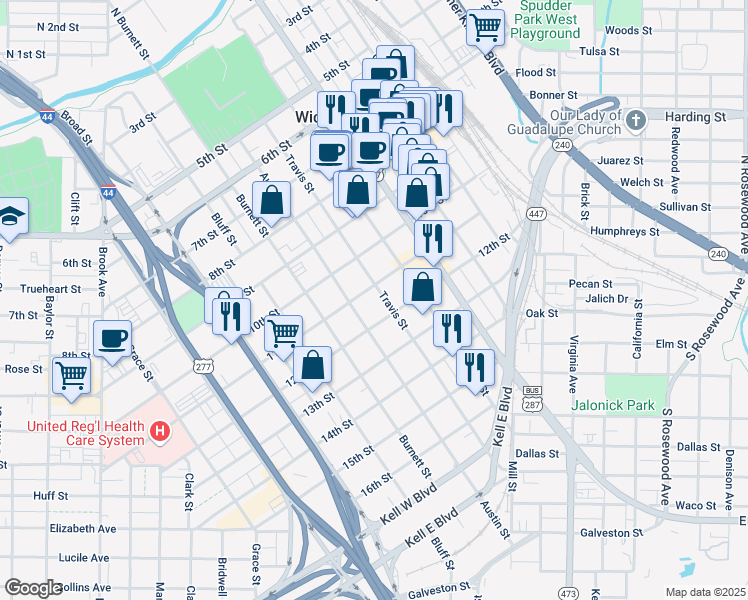 map of restaurants, bars, coffee shops, grocery stores, and more near 1102 Travis Street in Wichita Falls