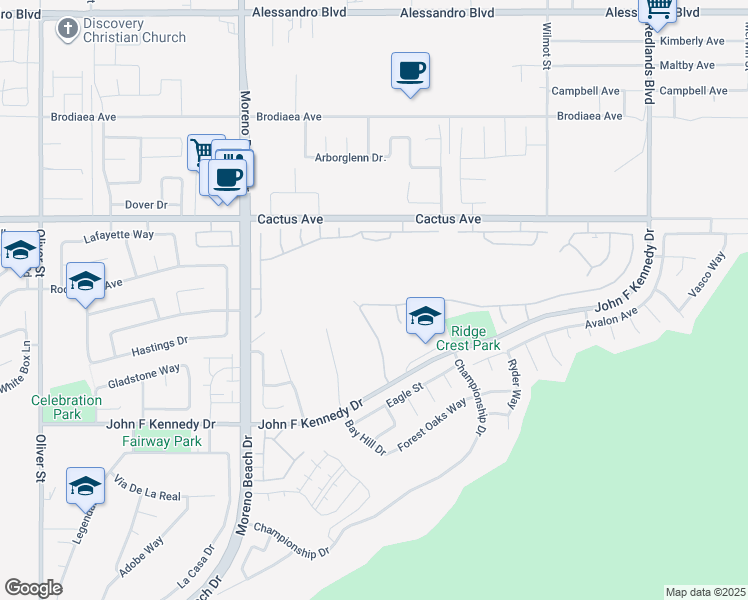 map of restaurants, bars, coffee shops, grocery stores, and more near 28260 Grandview Drive in Moreno Valley
