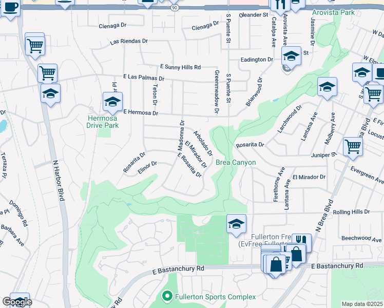 map of restaurants, bars, coffee shops, grocery stores, and more near 735 El Mirador Drive in Fullerton