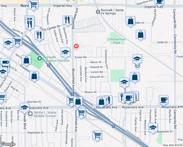 map of restaurants, bars, coffee shops, grocery stores, and more near 12707 Larwin Road in Norwalk