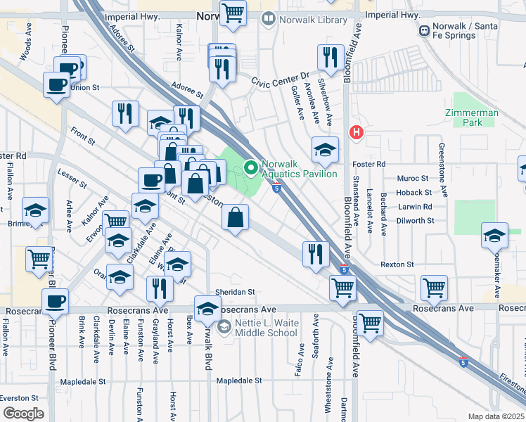 map of restaurants, bars, coffee shops, grocery stores, and more near 12337 Sproul Street in Norwalk