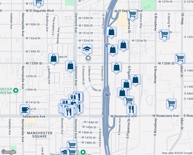 map of restaurants, bars, coffee shops, grocery stores, and more near 732 137th Street in Gardena