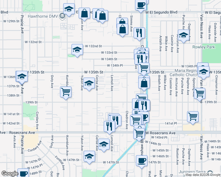 map of restaurants, bars, coffee shops, grocery stores, and more near 13620 Lemoli Avenue in Hawthorne