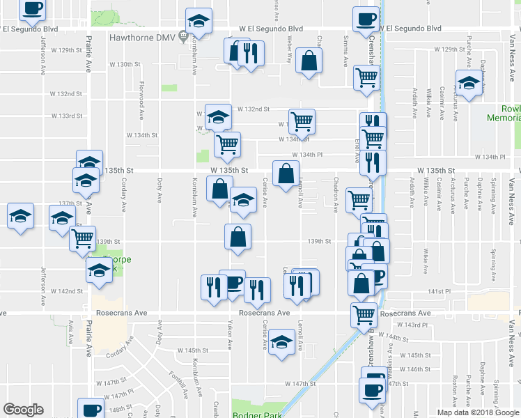 map of restaurants, bars, coffee shops, grocery stores, and more near 13621 Cerise Avenue in Hawthorne