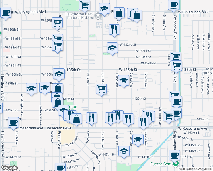 map of restaurants, bars, coffee shops, grocery stores, and more near 13628 Kornblum Avenue in Hawthorne