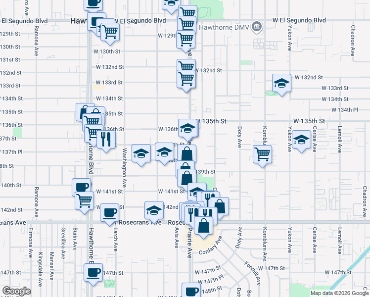 map of restaurants, bars, coffee shops, grocery stores, and more near 4016 West 137th Street in Hawthorne