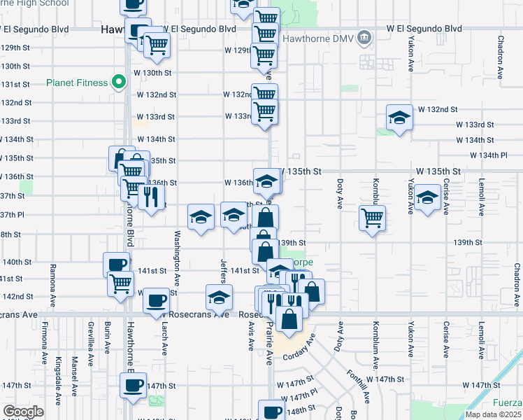 map of restaurants, bars, coffee shops, grocery stores, and more near 13663 Prairie Avenue in Hawthorne