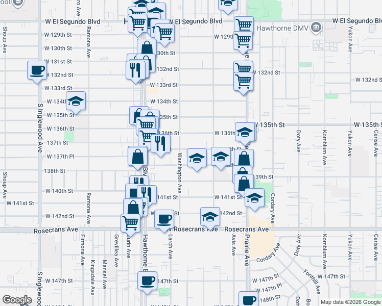 map of restaurants, bars, coffee shops, grocery stores, and more near 4221 137th Street in Hawthorne
