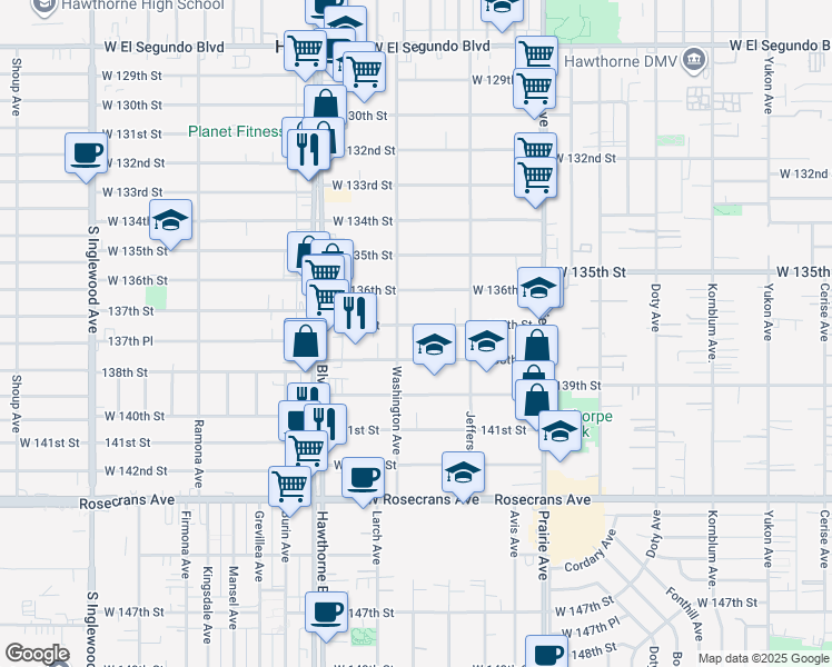 map of restaurants, bars, coffee shops, grocery stores, and more near 4221 137th Street in Hawthorne