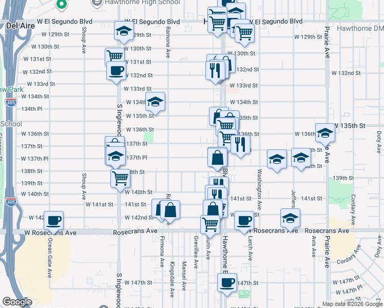 map of restaurants, bars, coffee shops, grocery stores, and more near 4479 West 137th Place in Hawthorne