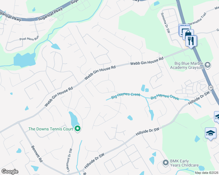 map of restaurants, bars, coffee shops, grocery stores, and more near 1384 Great Oaks Court in Lawrenceville
