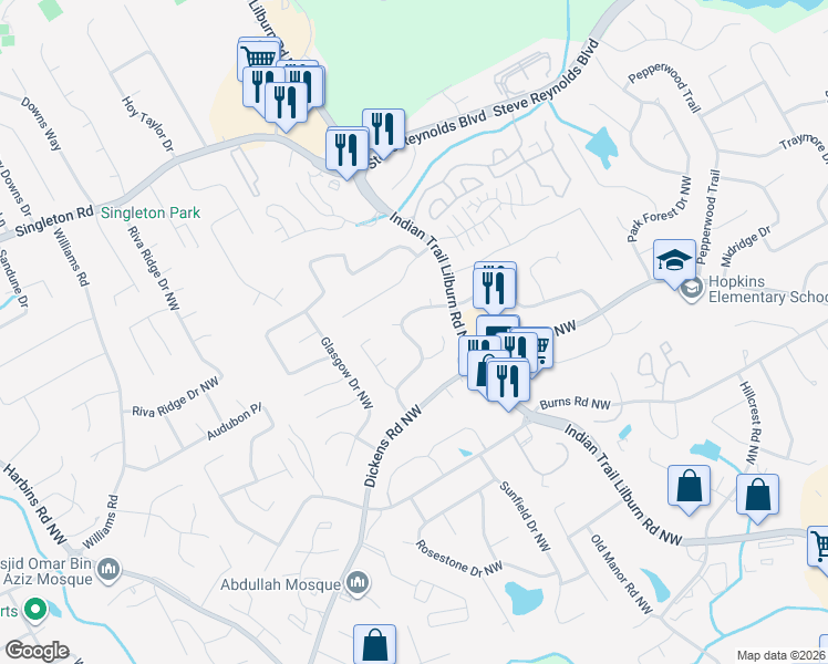 map of restaurants, bars, coffee shops, grocery stores, and more near 995 Indian Way Northwest in Lilburn