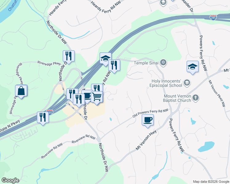 map of restaurants, bars, coffee shops, grocery stores, and more near 121 Brookview Circle in Atlanta