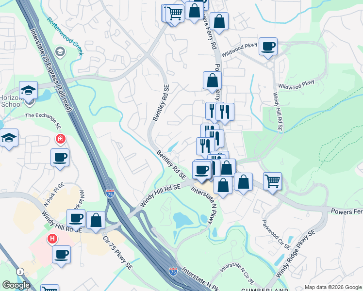 map of restaurants, bars, coffee shops, grocery stores, and more near 1960 Spectrum Circle in Marietta