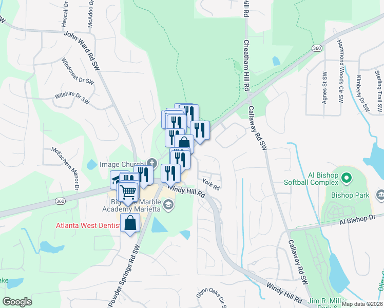 map of restaurants, bars, coffee shops, grocery stores, and more near 1651 Powder Springs Road Southwest in Marietta