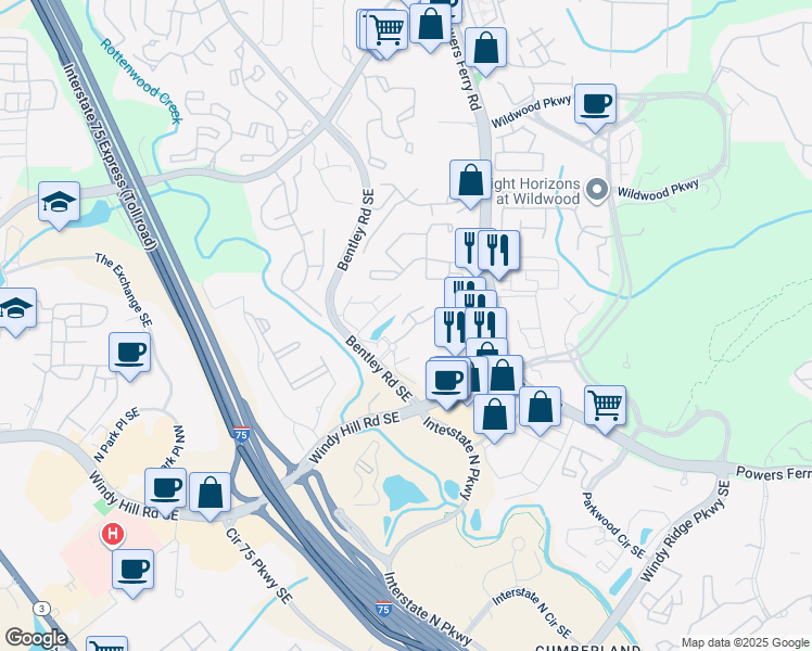 map of restaurants, bars, coffee shops, grocery stores, and more near 1960 Spectrum Circle in Marietta