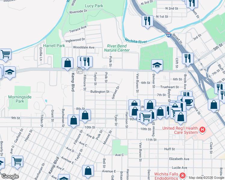 map of restaurants, bars, coffee shops, grocery stores, and more near 2204 Bullington Street in Wichita Falls
