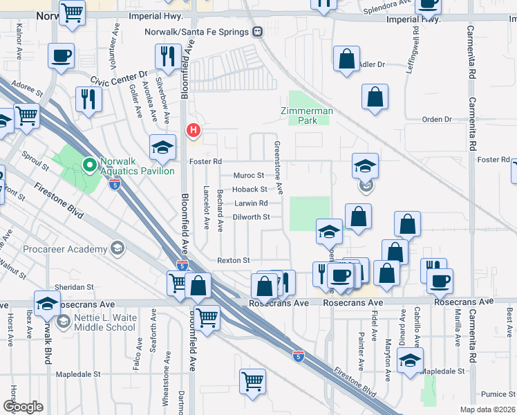 map of restaurants, bars, coffee shops, grocery stores, and more near 12753 Larwin Road in Norwalk