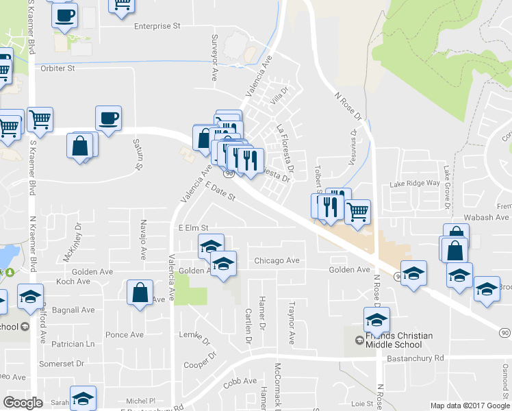 map of restaurants, bars, coffee shops, grocery stores, and more near 3403 East Date Street in Brea