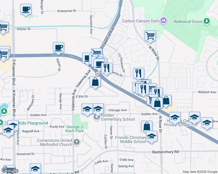 map of restaurants, bars, coffee shops, grocery stores, and more near 3403 East Date Street in Brea