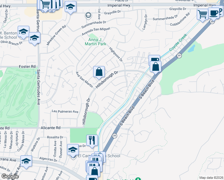 map of restaurants, bars, coffee shops, grocery stores, and more near 16209 Eagleridge Court in La Mirada