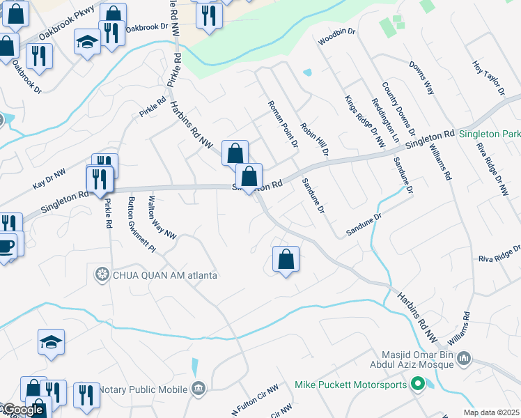 map of restaurants, bars, coffee shops, grocery stores, and more near 5610 Terremont Circle in Norcross