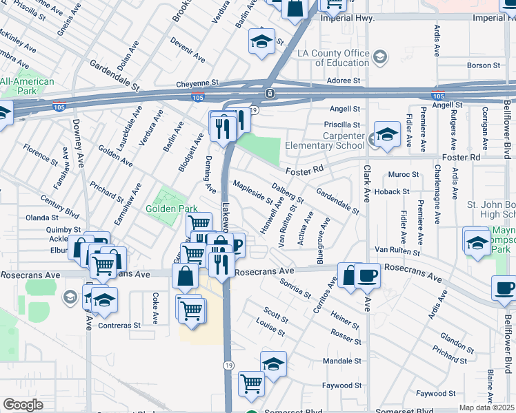 map of restaurants, bars, coffee shops, grocery stores, and more near 9127 Hargill Street in Bellflower