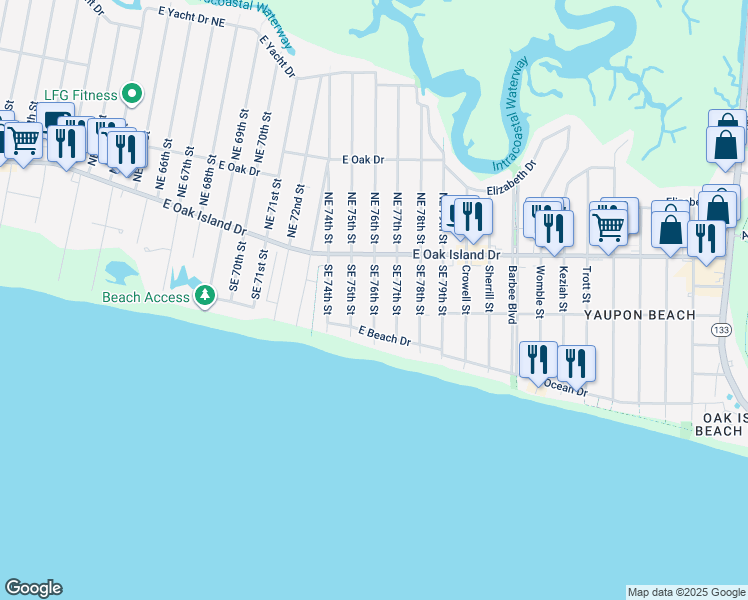 map of restaurants, bars, coffee shops, grocery stores, and more near 119 Southeast 76th Street in Oak Island