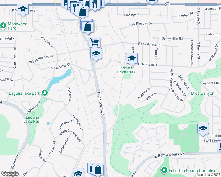 map of restaurants, bars, coffee shops, grocery stores, and more near 3171 Las Faldas Drive in Fullerton
