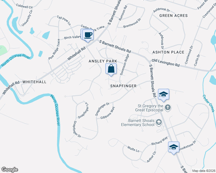 map of restaurants, bars, coffee shops, grocery stores, and more near 111 Sapphire Court in Athens