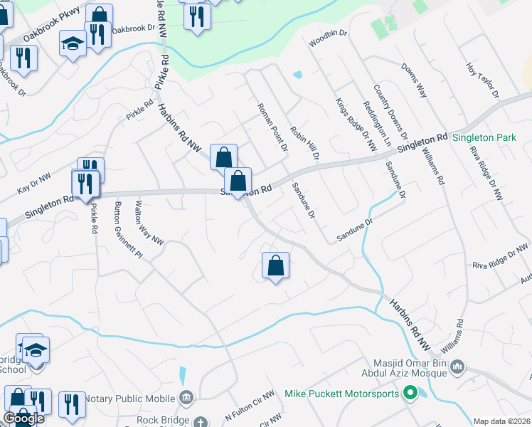 map of restaurants, bars, coffee shops, grocery stores, and more near 956 6 Oaks Circle in Norcross