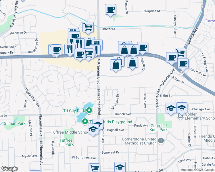 map of restaurants, bars, coffee shops, grocery stores, and more near 2496 Arrow Circle in Placentia