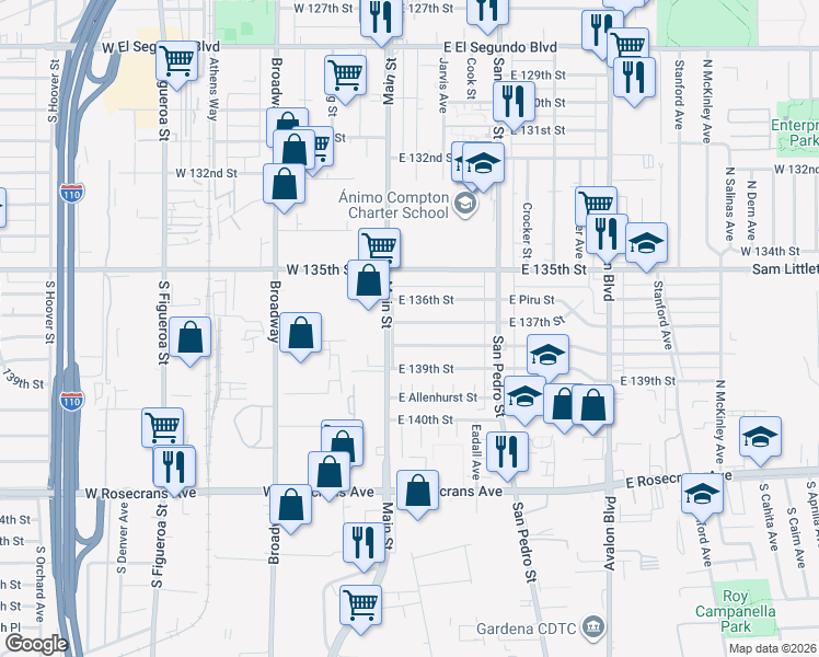 map of restaurants, bars, coffee shops, grocery stores, and more near 118 East 137th Street in Los Angeles