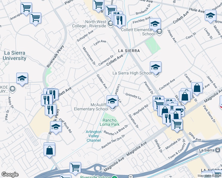 map of restaurants, bars, coffee shops, grocery stores, and more near 4161 Stonewall Drive in Riverside