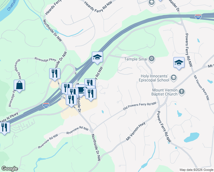 map of restaurants, bars, coffee shops, grocery stores, and more near 121 Brookview Circle in Atlanta