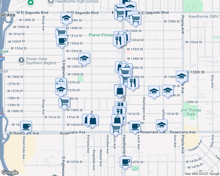 map of restaurants, bars, coffee shops, grocery stores, and more near 4479 West 137th Place in Hawthorne
